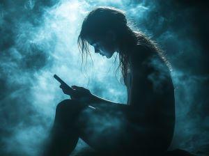 Silhouette of a young woman sitting in misty blue light, looking down at her smartphone, symbolising online safety and digital vulnerability.