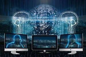 Digital illustration of cybersecurity with human silhouettes on computer screens, glowing neural network visuals, and a connected globe representing online safety and artificial intelligence.